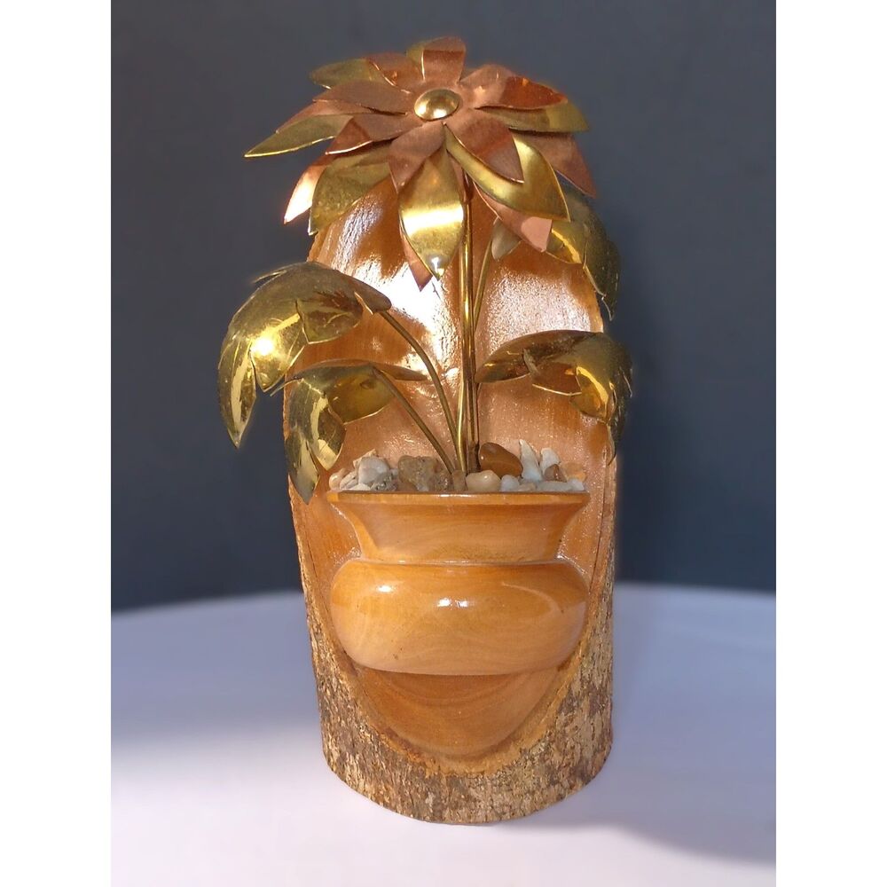 Vintage MCM Hammered Brass and Copper Flower Sculpture on Carved Wood Base